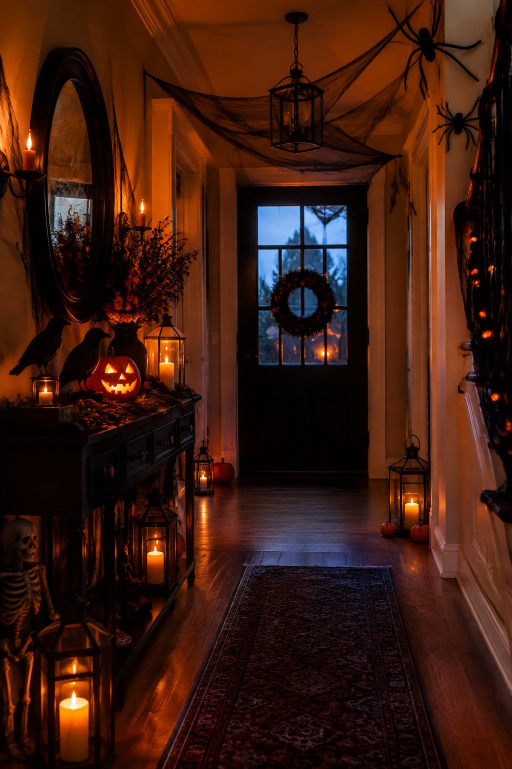 Halloween hallway with glowing pumpkins, candles, spiders, skull, and skeleton decorations