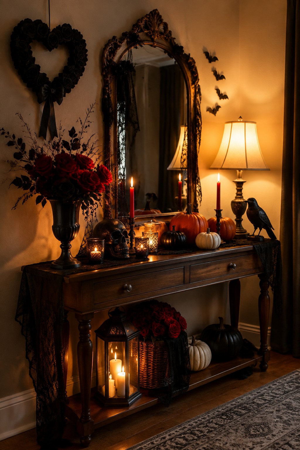 Entryway console table styled for Halloween with a skull, black crow statue, red candles, pumpkins, and bats on the wall above the mirror.