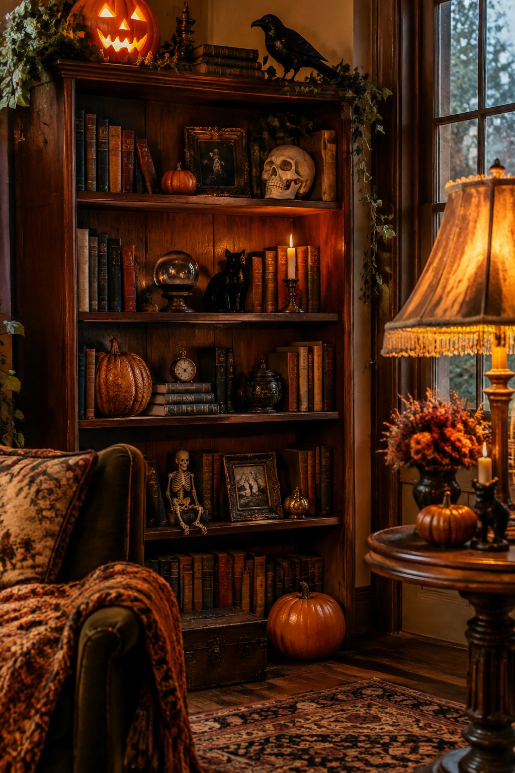 Built-in wooden bookshelves in a living room styled with skulls, skeletons, black cats, pumpkins, and books for Halloween.