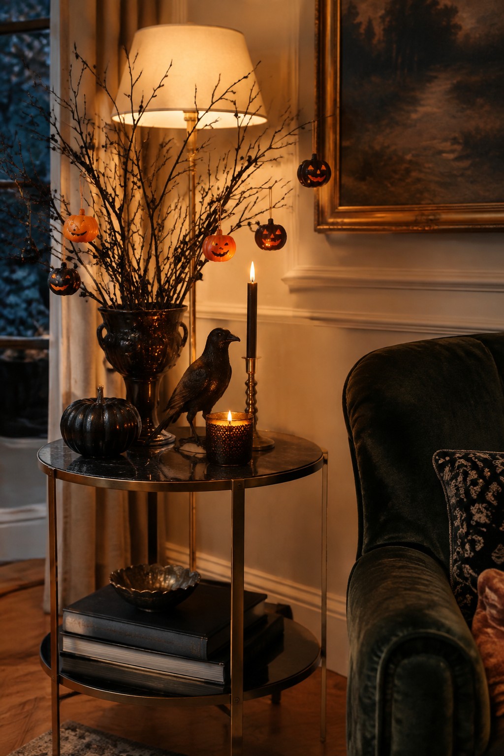 Side table holding a dark vase with black branches decorated by small hanging jack o lanterns, a black bird statue, and lit candles beside a green velvet chair.