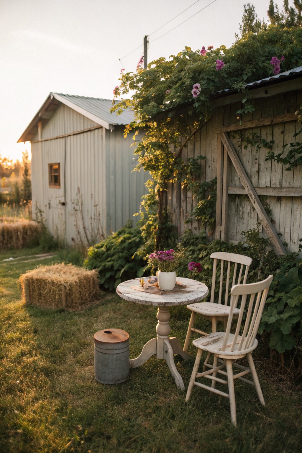 A round wooden bistro table with two white chairs and a metal stool sits on grass next to a rustic shed covered in climbing vines with purple flowers.