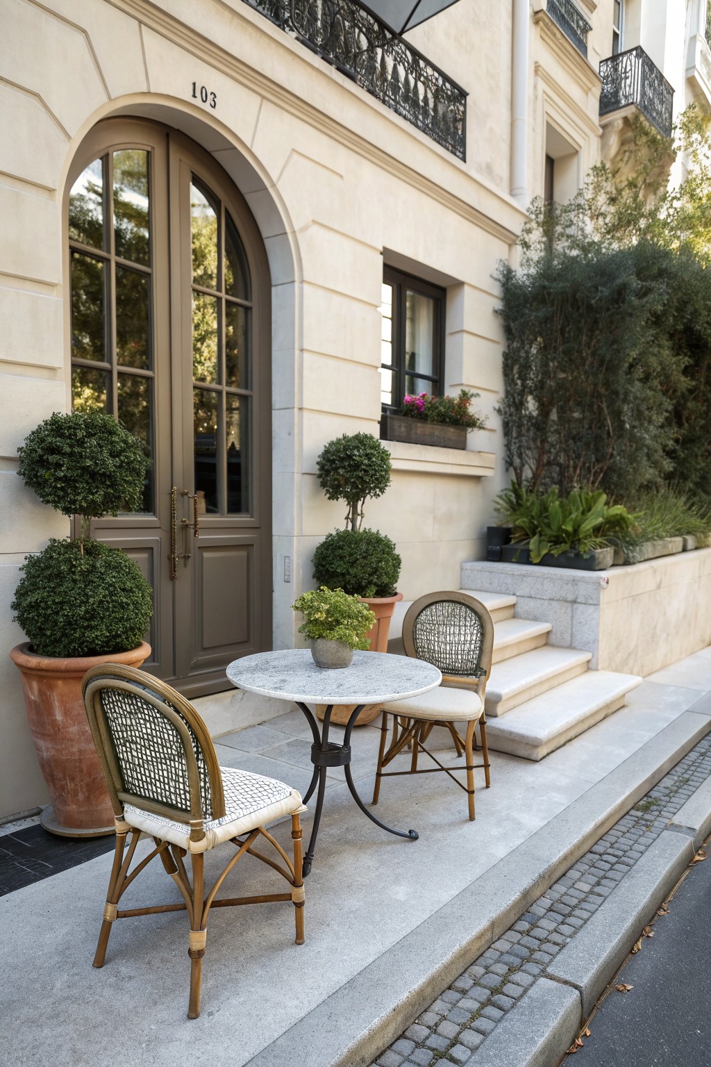A round bistro table with two woven chairs sits on pavement in front of a building entrance with an arched door, potted shrubs, and steps nearby.