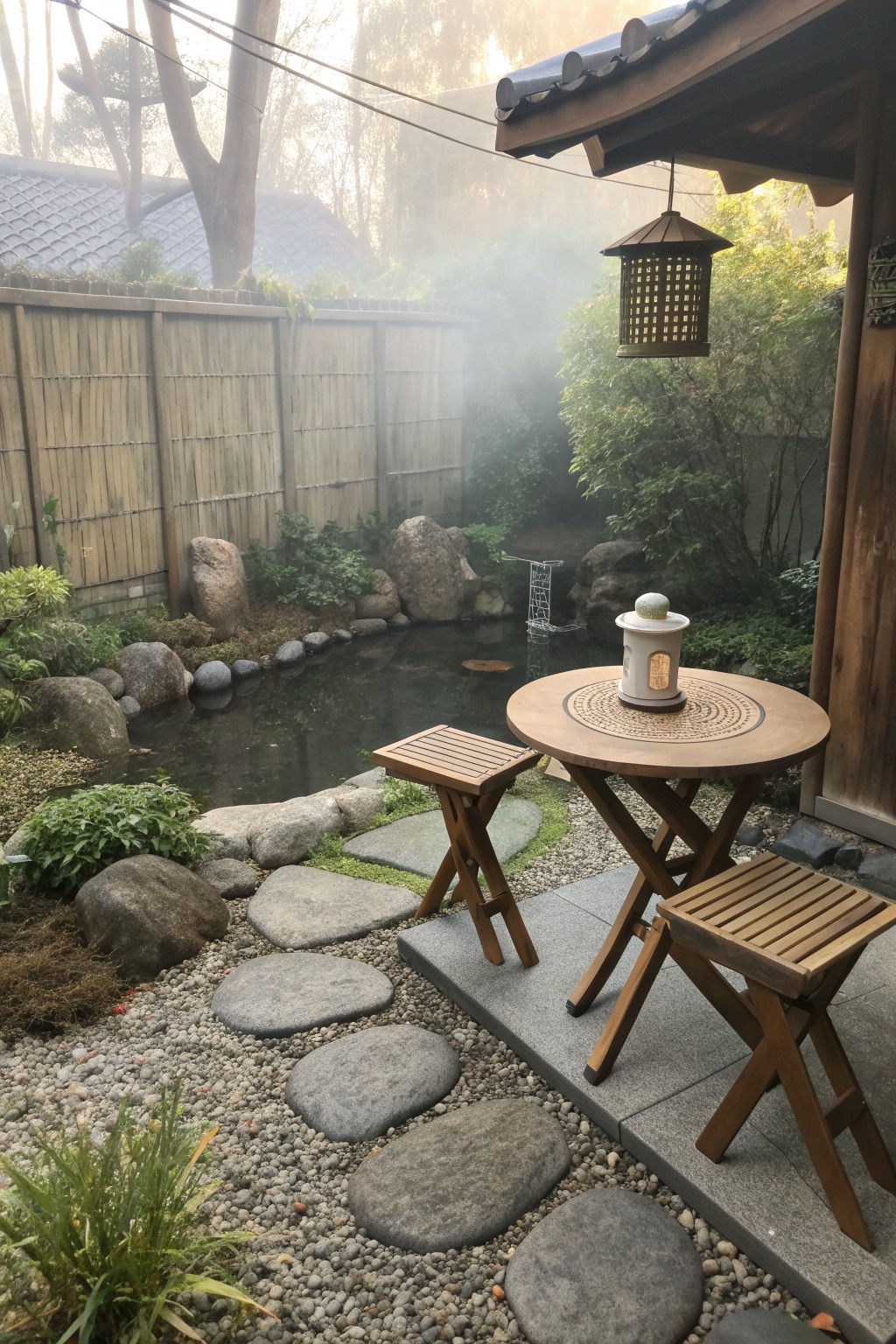 Misty Japanese garden with pond, stepping stones, wooden table, stools, and lantern.