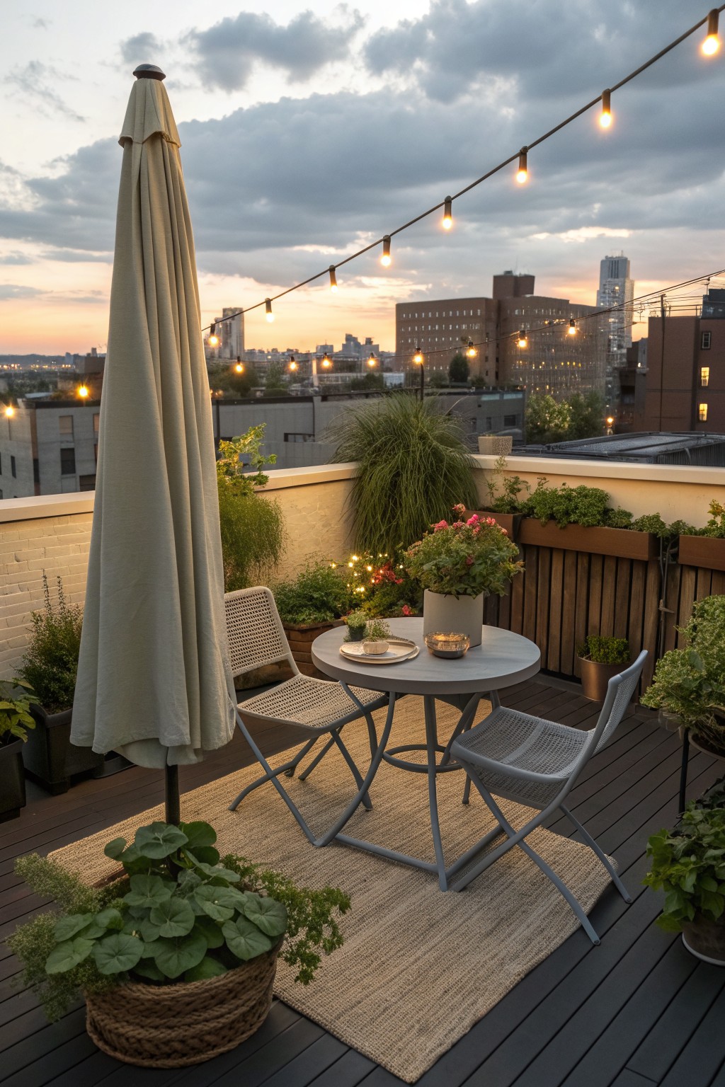 A round gray bistro table with two woven metal chairs sits on a large woven rug on a dark wooden deck, with potted plants nearby and string lights overhead.