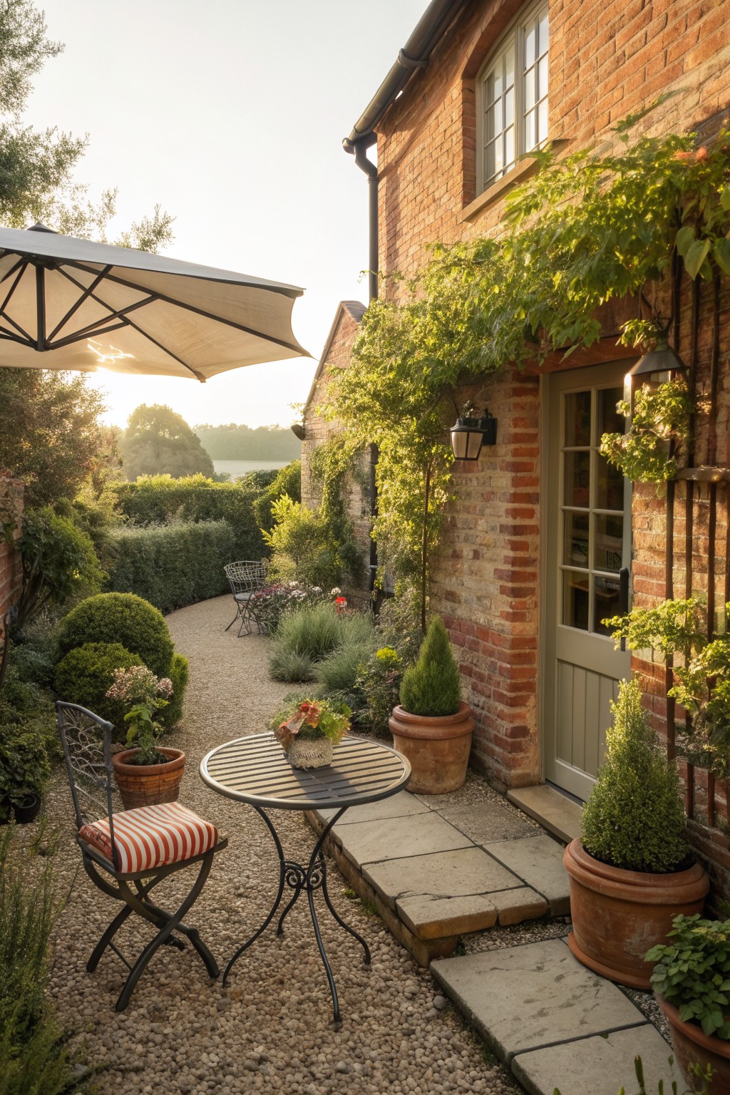 A round metal bistro table and one chair with a striped cushion sit on gravel beside a brick house wall, next to potted plants and an open patio umbrella.