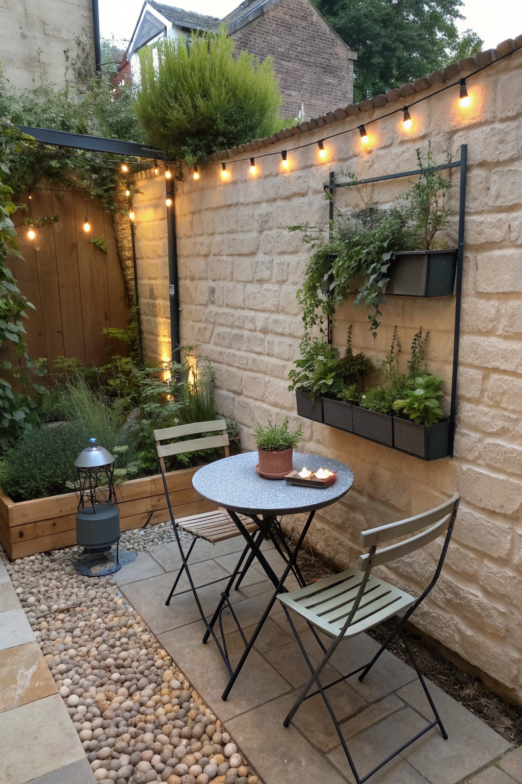 A round speckled bistro table with two folding chairs sits on pavers next to a stone wall with black vertical planters and string lights overhead.