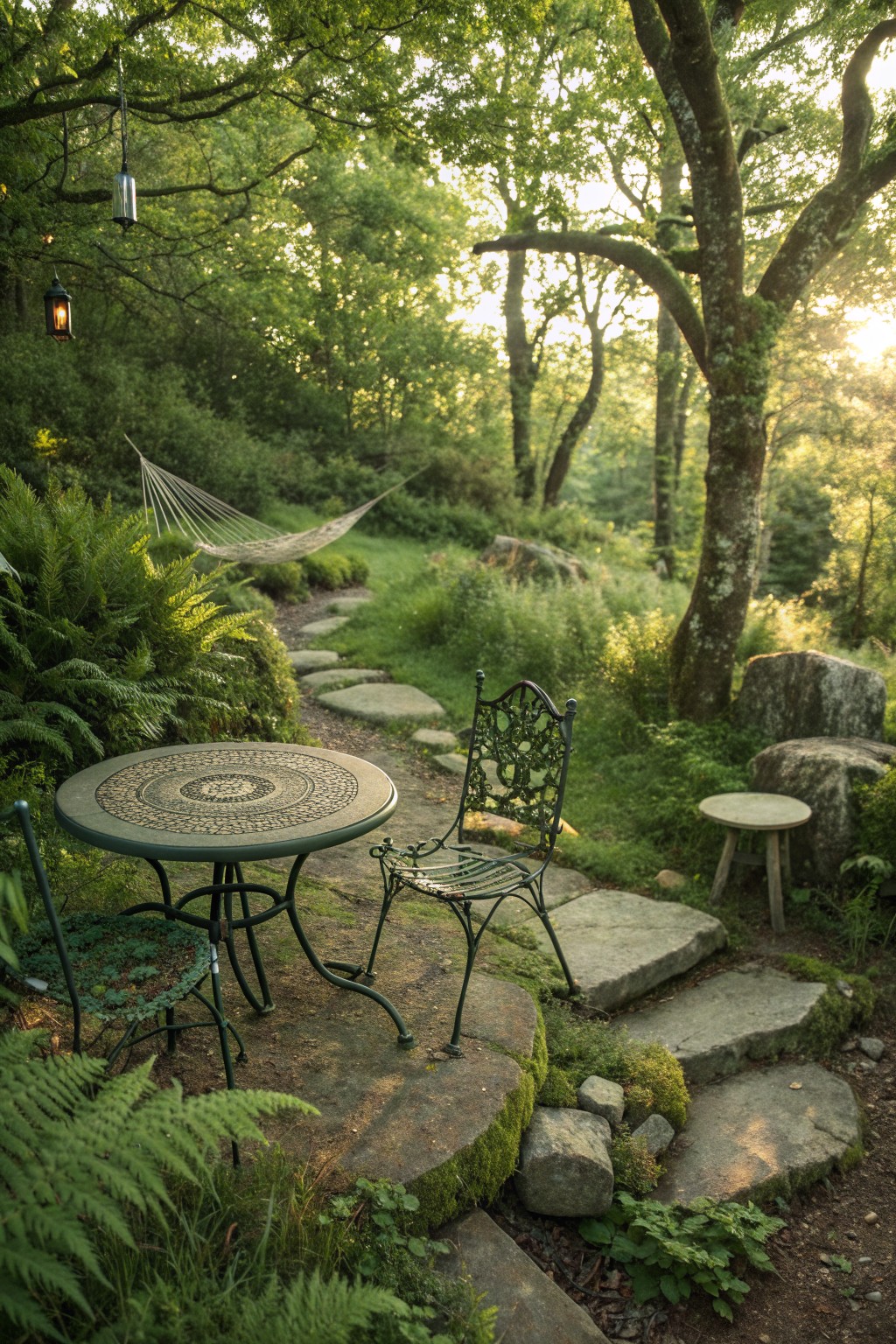 A round metal bistro table and two ornate chairs placed on mossy stepping stones along a garden path surrounded by ferns and trees.