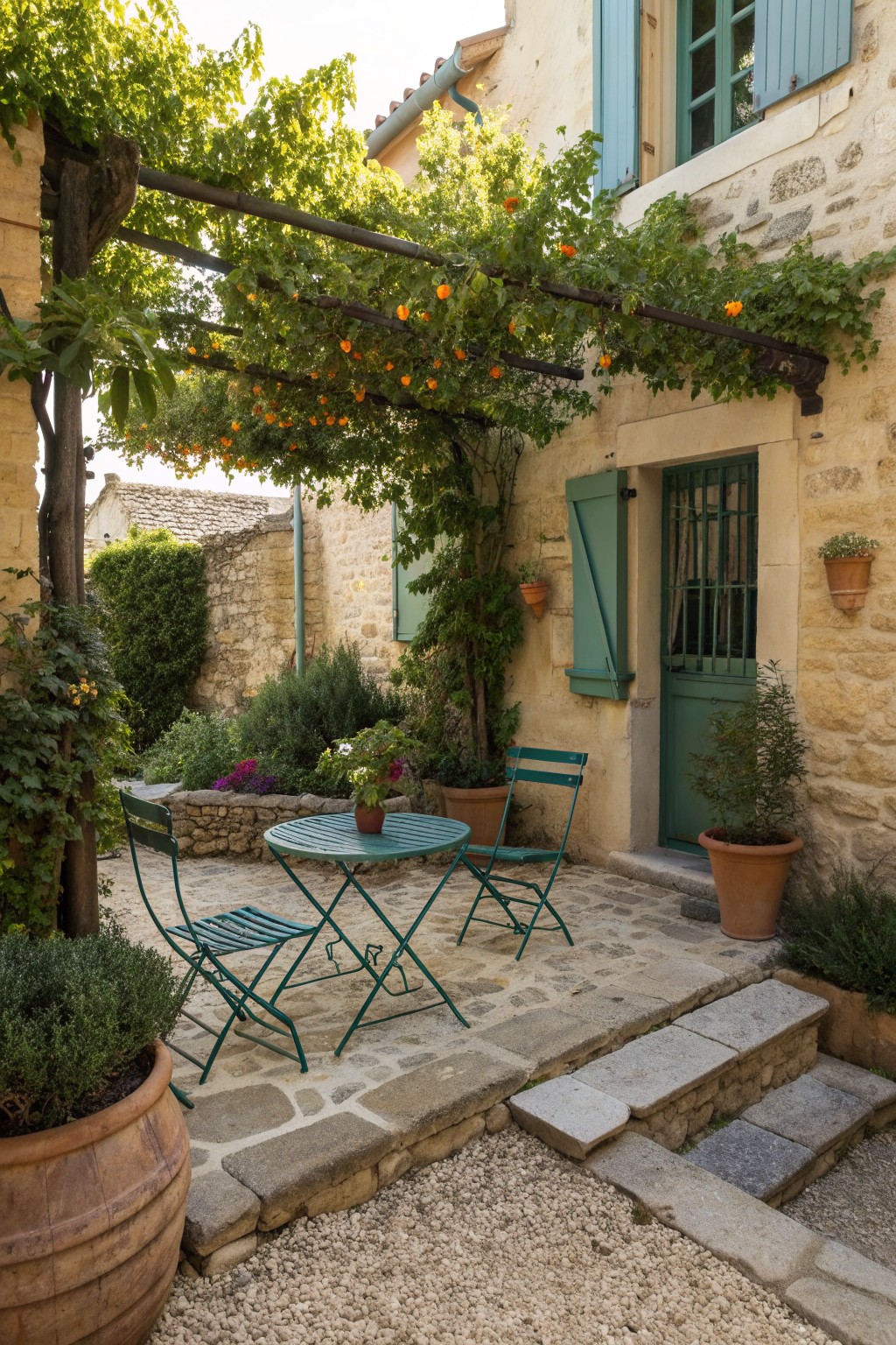 A green metal bistro table and two chairs sit on a stone patio beside a vine-covered pergola attached to a stone house with green shutters.