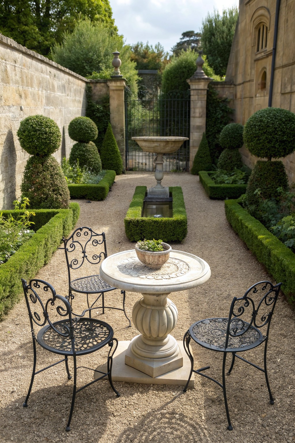 A round stone bistro table with three ornate black metal chairs placed on a gravel path between manicured hedges and topiary in a formal garden.