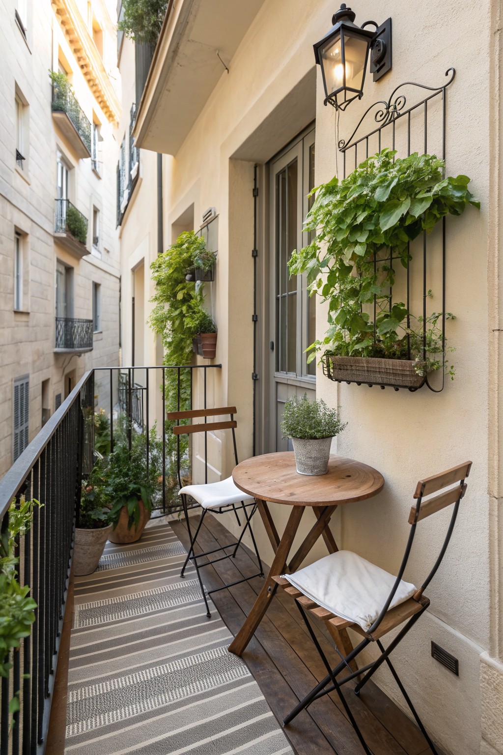 A round wooden bistro table with two folding chairs sits on a striped rug on a narrow balcony, with wall-mounted planters and potted plants along the sides.