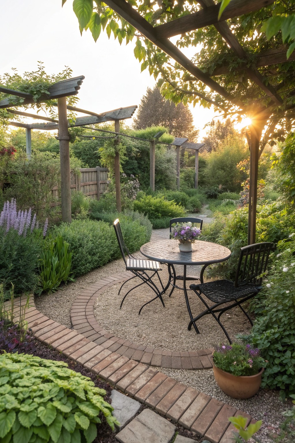 Round table with chairs under wooden pergola in lush blooming garden at sunset.