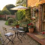 A round metal bistro table and one chair with a striped cushion sit on gravel beside a brick house wall, next to potted plants and an open patio umbrella.