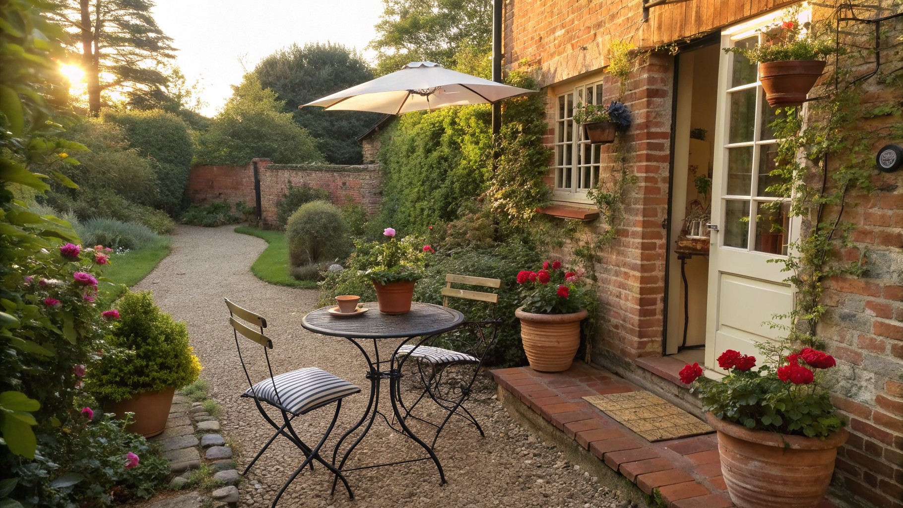 A round metal bistro table and one chair with a striped cushion sit on gravel beside a brick house wall, next to potted plants and an open patio umbrella.