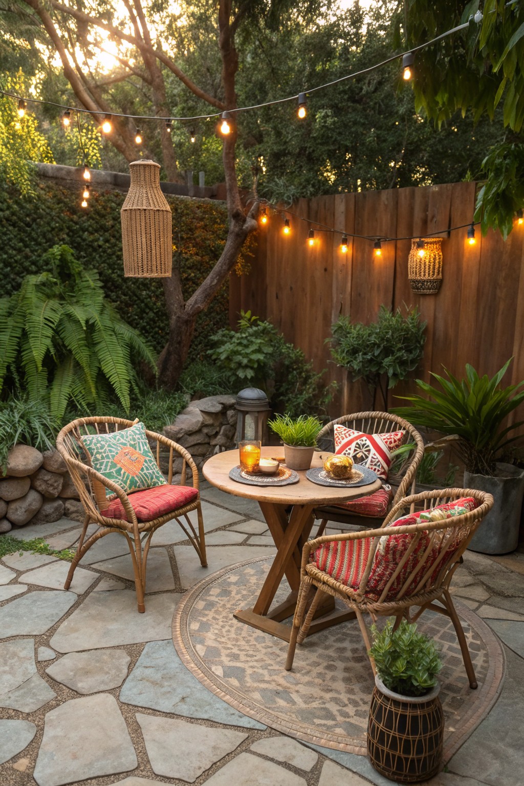 A round wooden table surrounded by three rattan chairs with colorful cushions sits on a stone patio under string lights, with potted plants nearby.