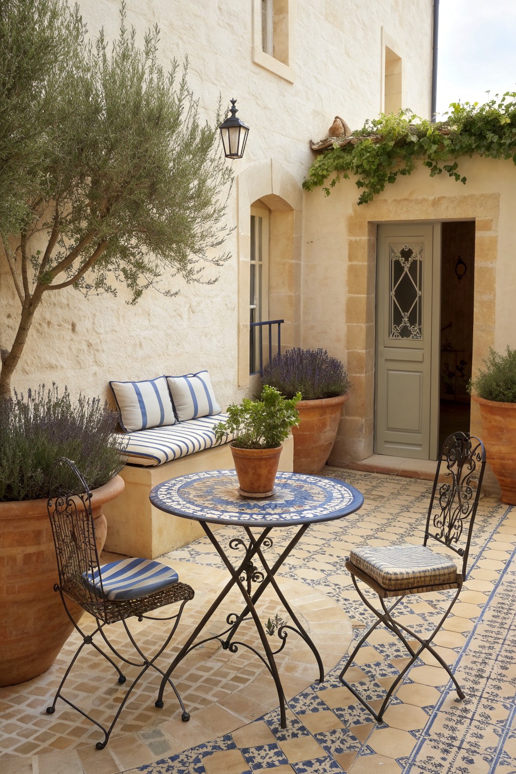 A round blue and white tiled bistro table on a patterned patio, flanked by two ornate metal chairs and a built-in bench with striped cushions, with large terracotta pots and a stone building in the background.