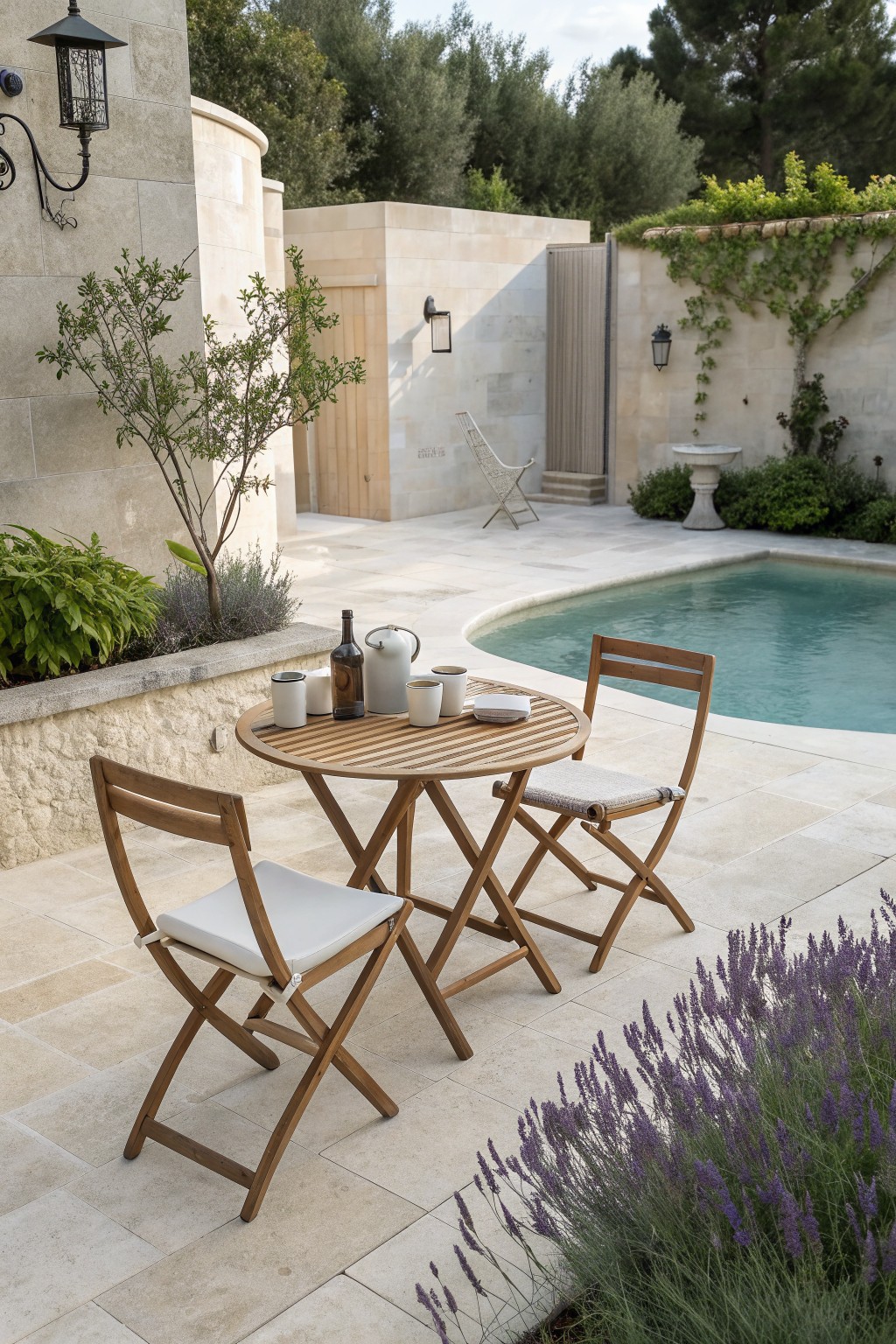 A round wooden slatted bistro table with two folding chairs on a stone patio next to a curved pool edge.