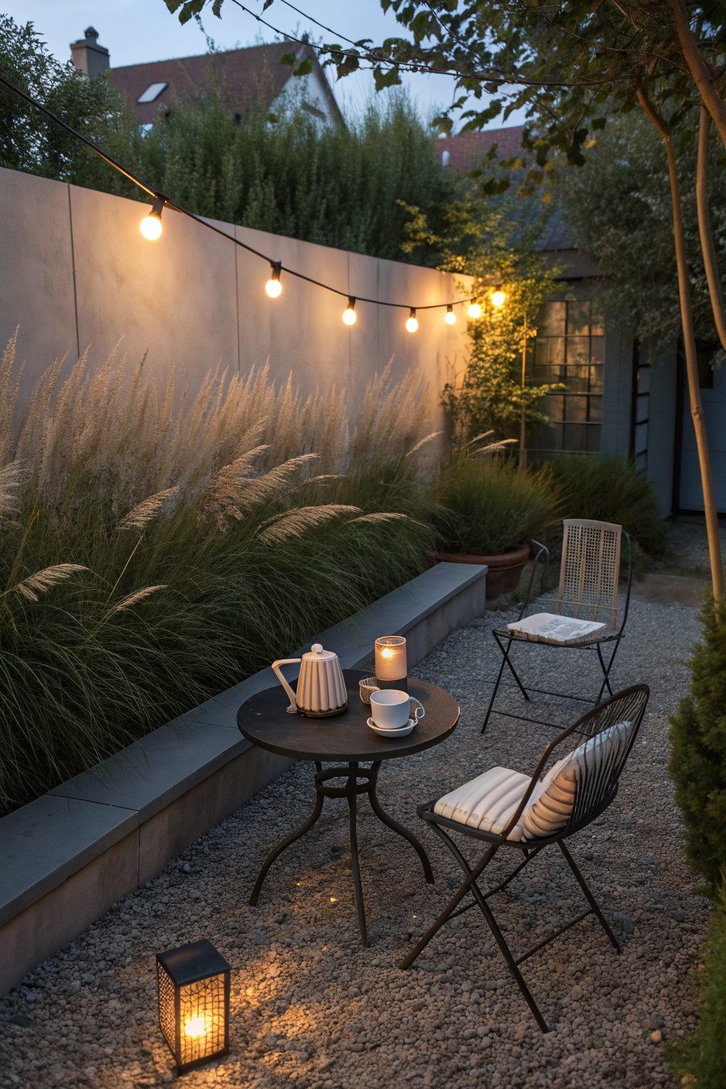 A round bistro table with two chairs sits on gravel in a garden corner, with string lights overhead and tall grasses along a wall.