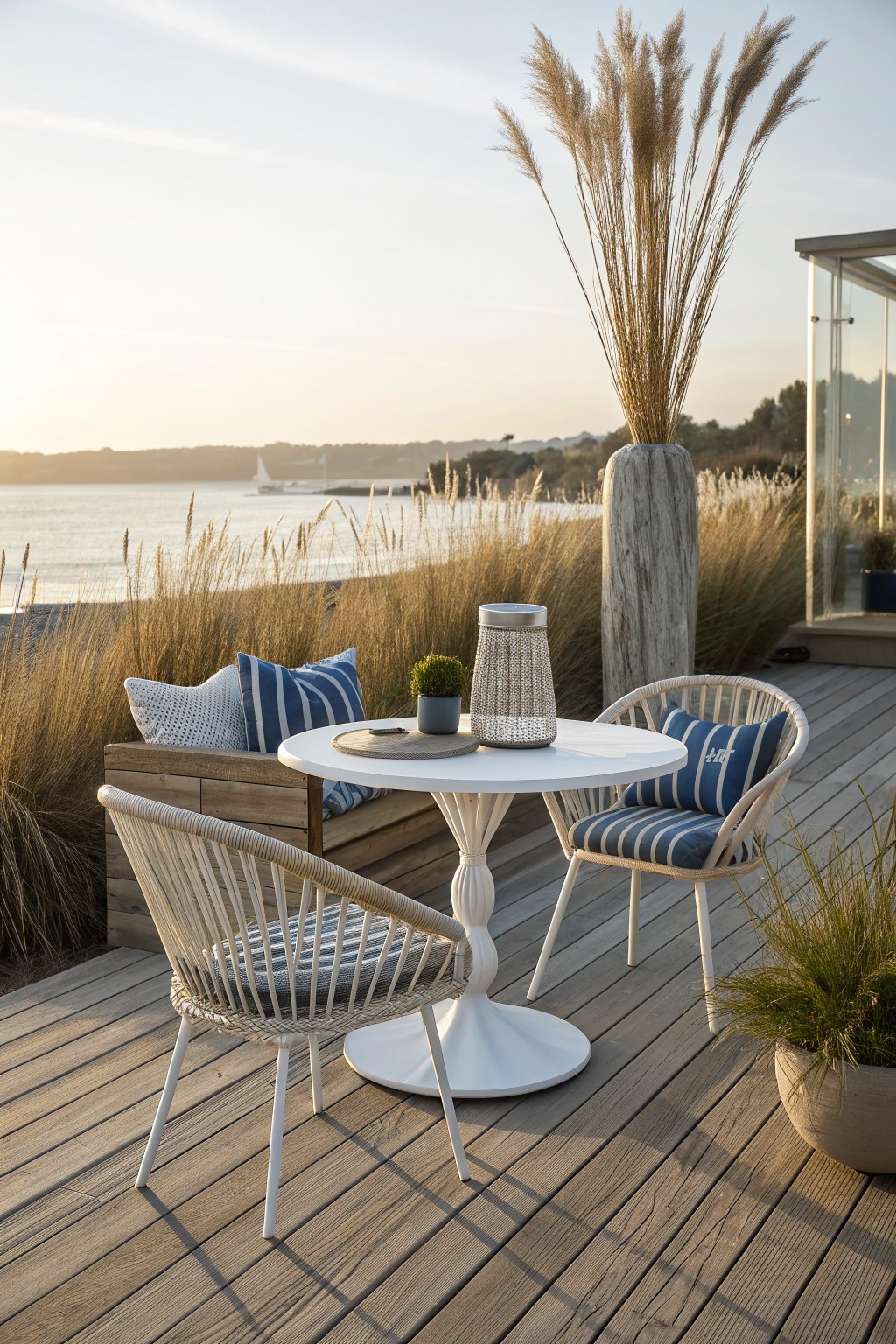A round white bistro table with three woven chairs and blue striped cushions on a wooden deck near tall grasses and water.