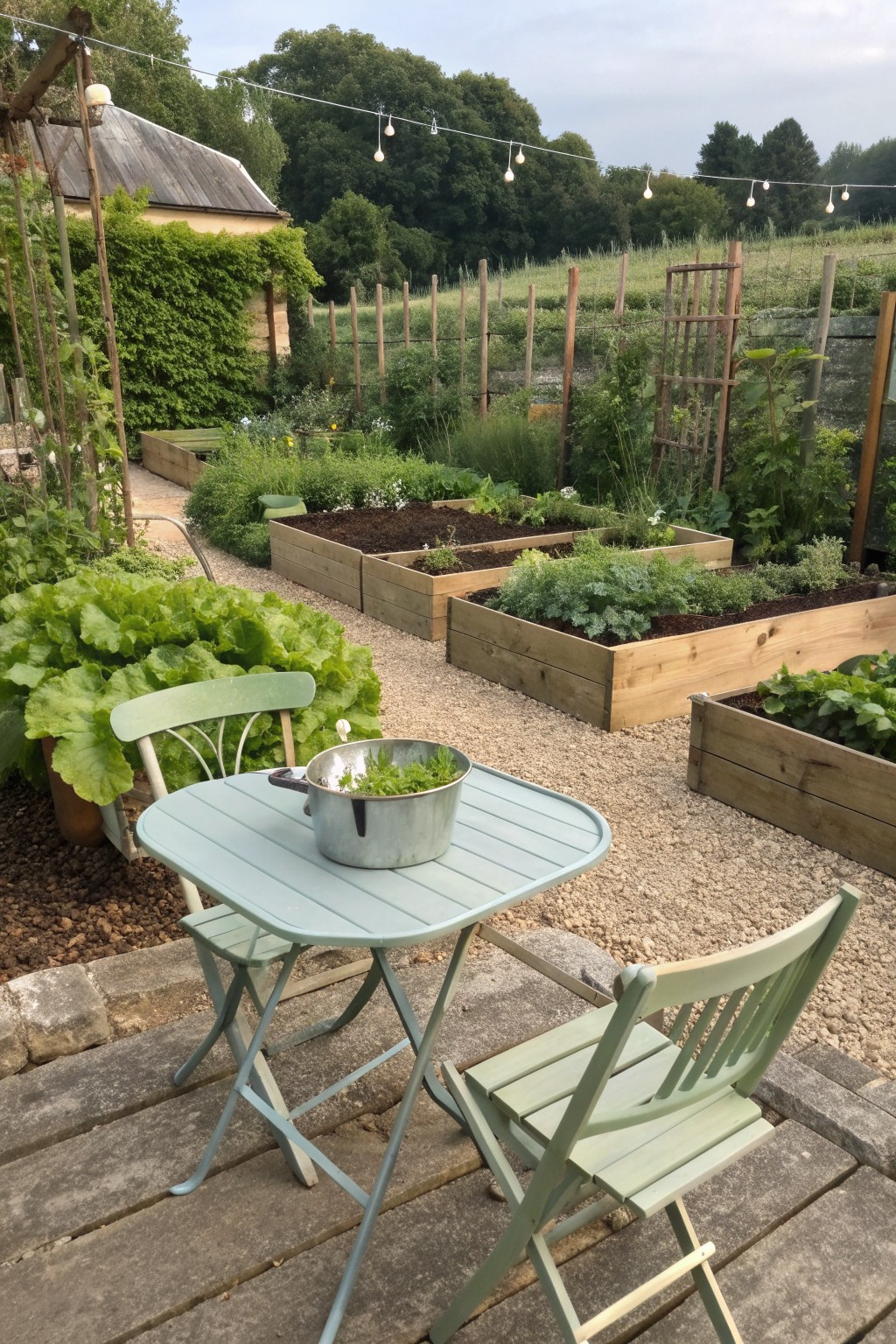 Light blue table with greens bowl amid raised garden beds and string lights