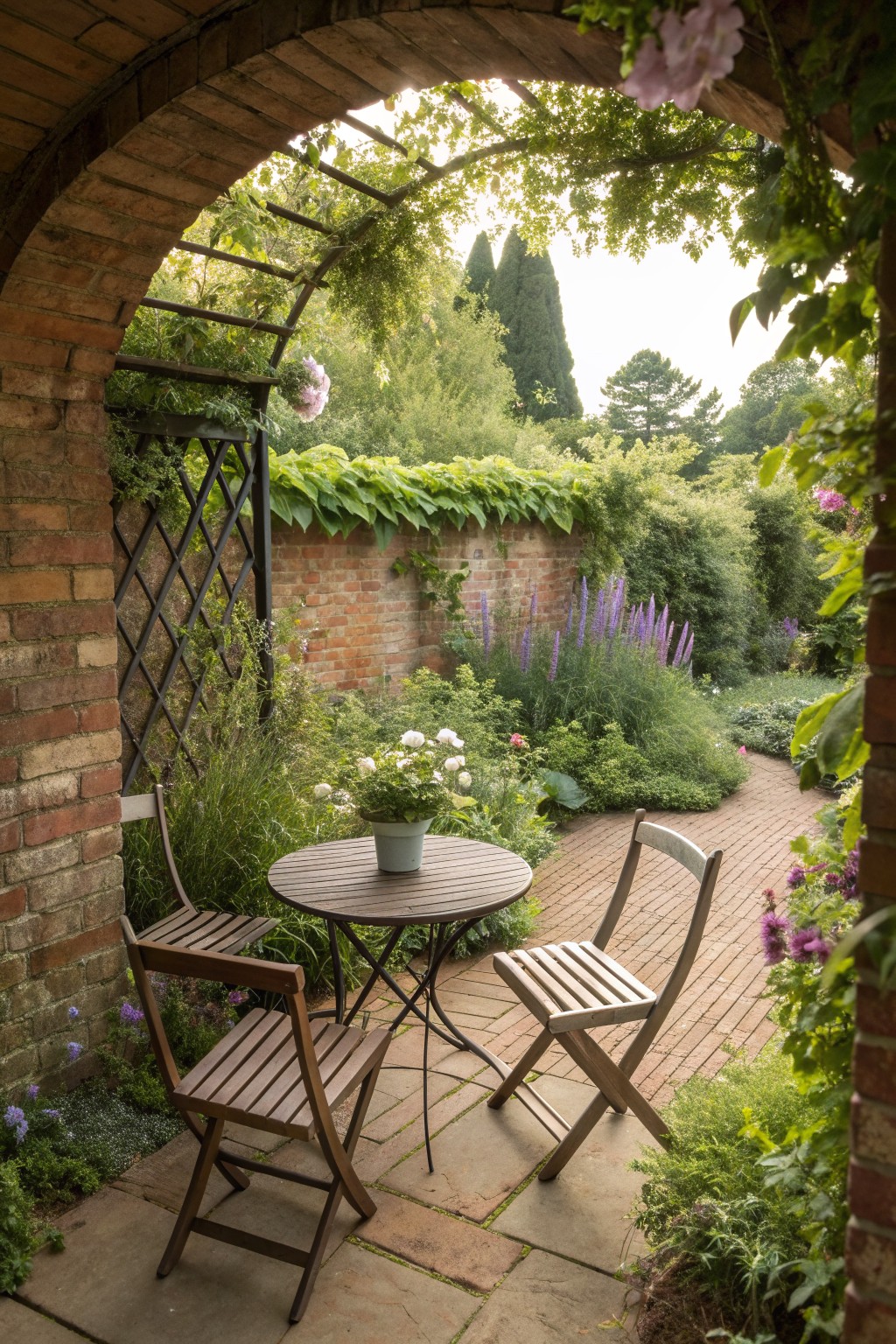 Round table with white flowers between wooden chairs under garden brick arch