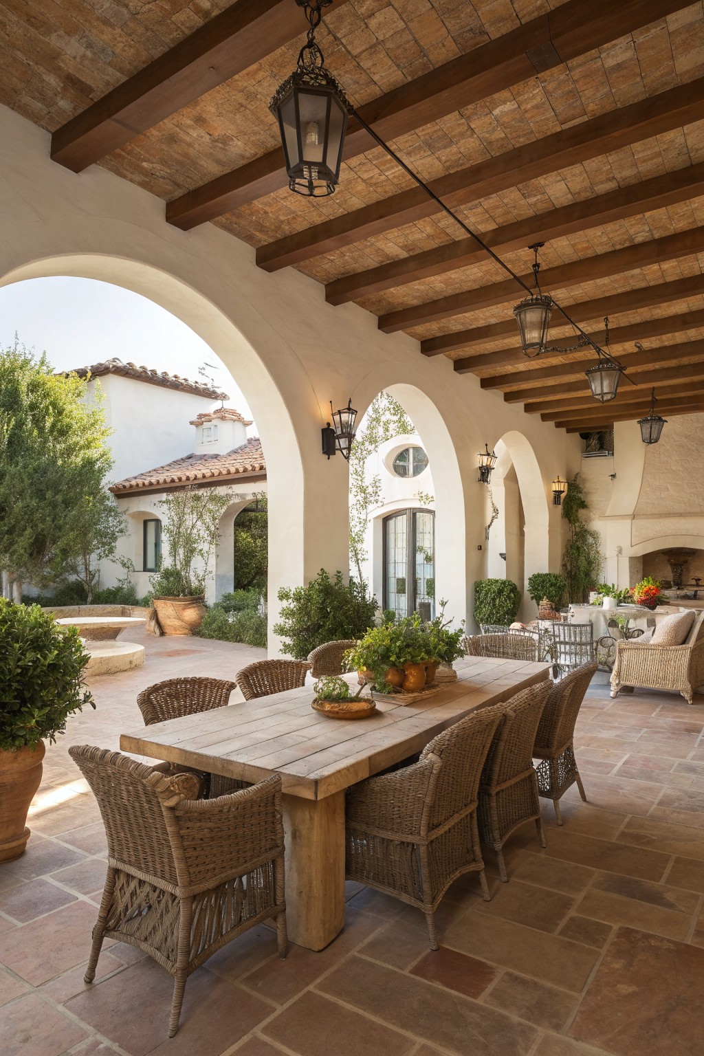 A covered patio featuring a long wooden dining table with multiple woven wicker chairs, hanging lanterns from exposed beams, and arched openings leading to a courtyard.