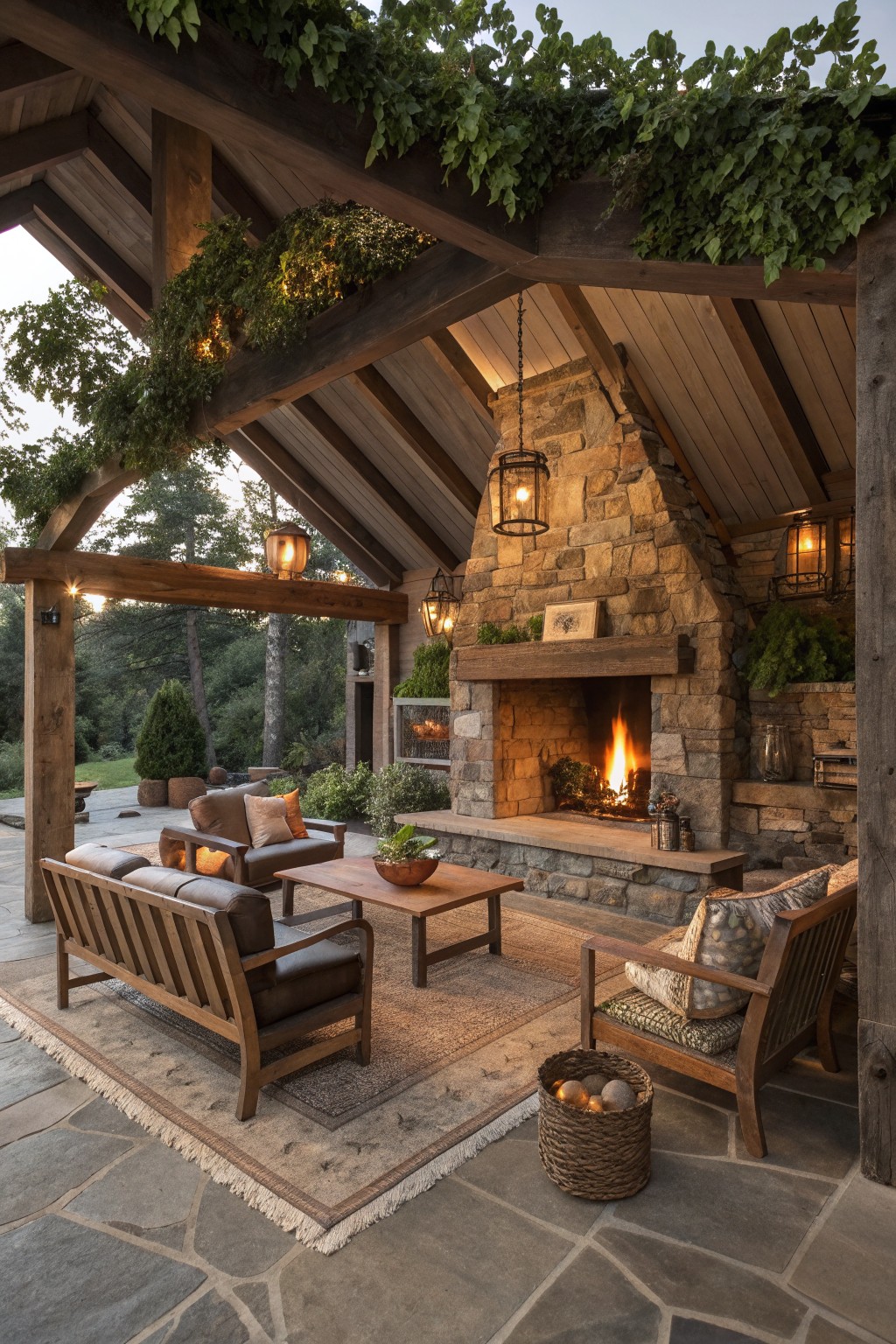A covered wooden patio with a large stone fireplace, wooden furniture arranged on a rug around a coffee table, hanging lanterns, and overhead greenery.