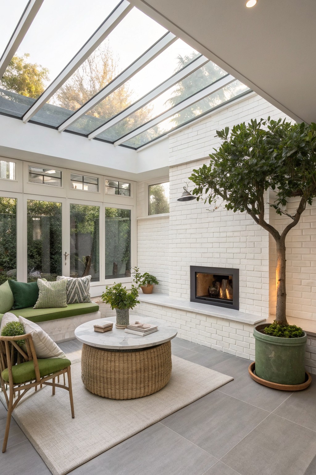 Bright sunroom with glass ceiling, white brick fireplace, potted tree, and round table