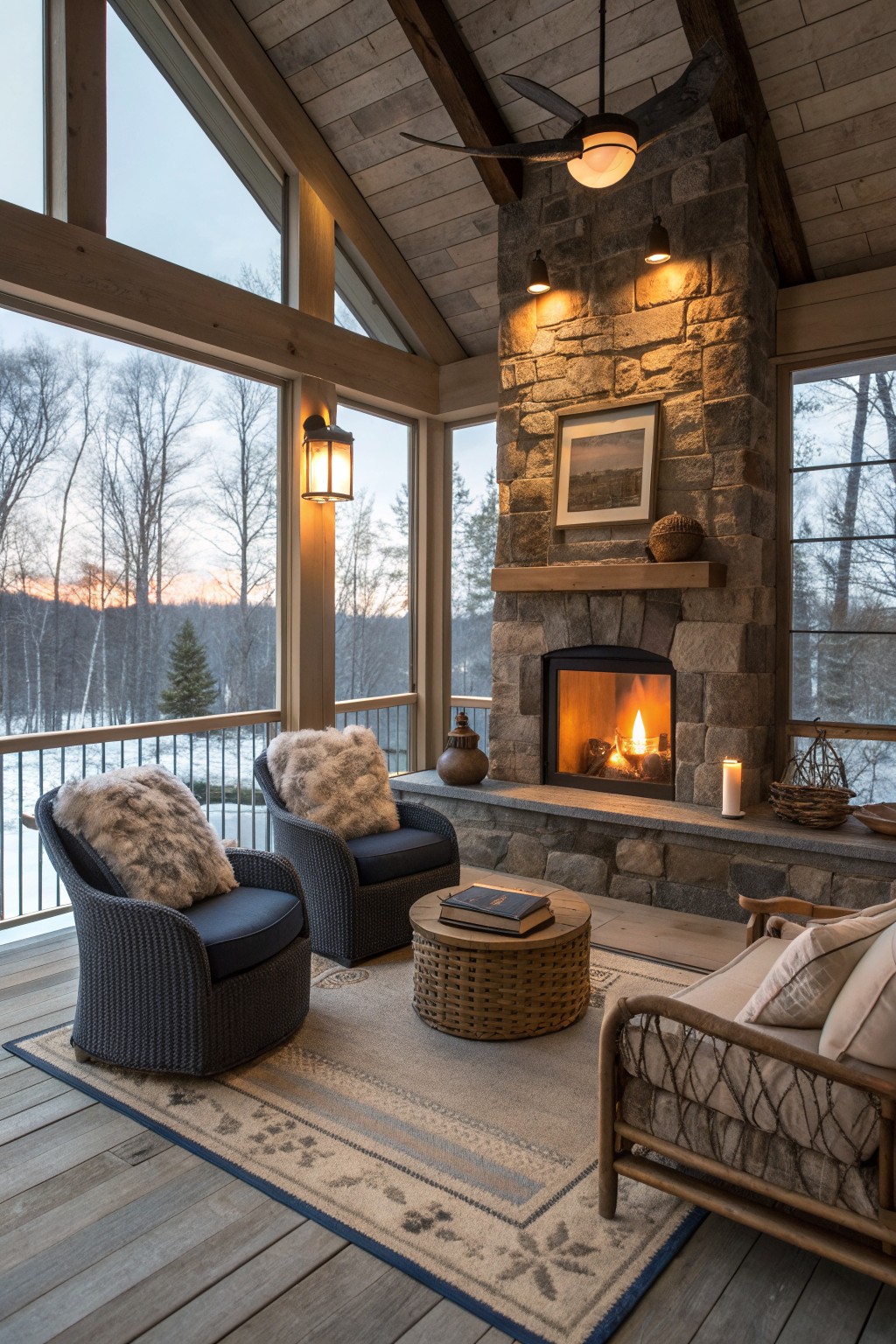 A covered patio features a large stone fireplace with a lit fire, two blue woven armchairs with fur pillows, a round wooden coffee table, and large windows overlooking a snowy landscape.