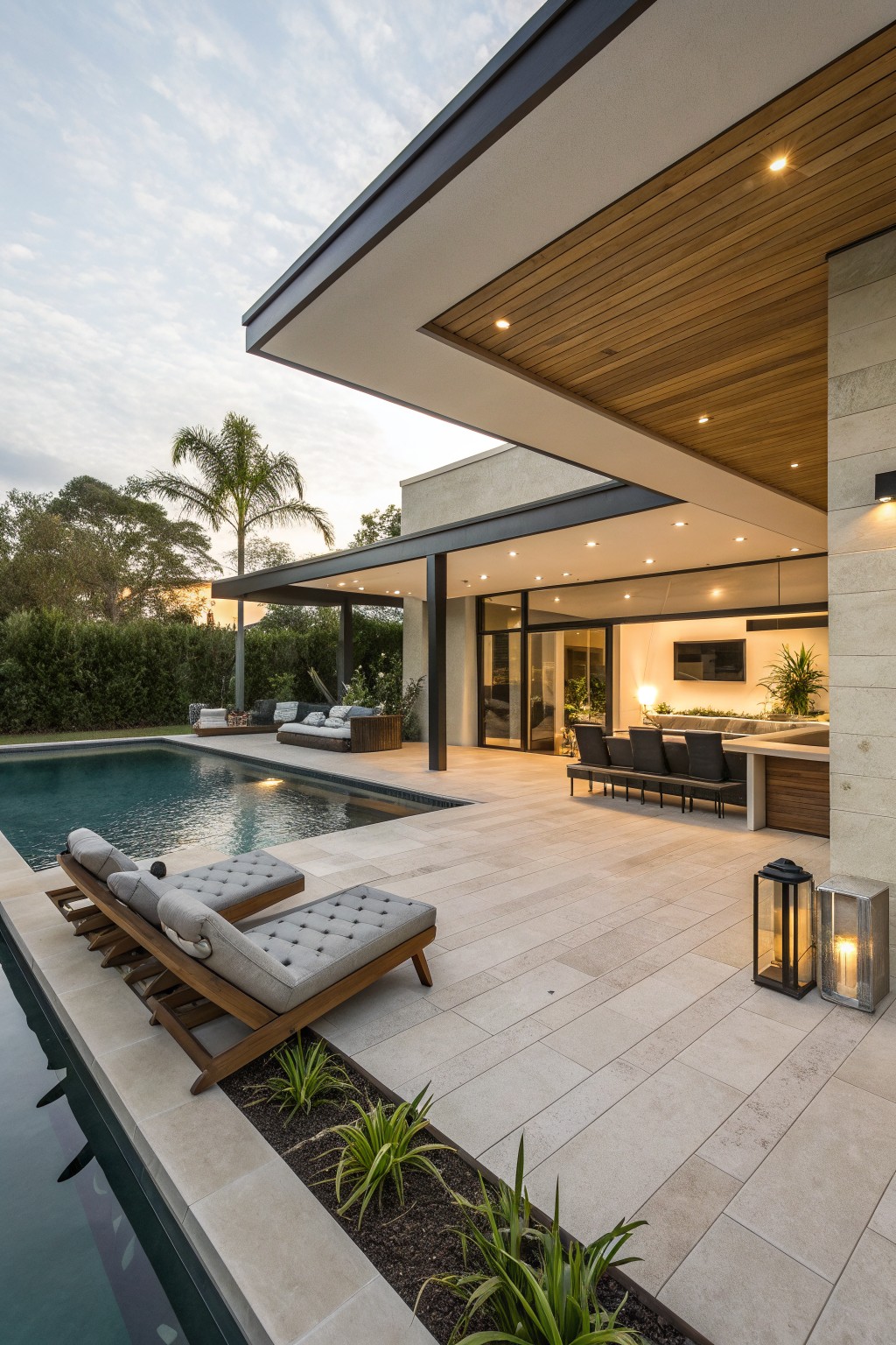 Modern house exterior showing a covered patio with wood plank ceiling, outdoor sofas and dining chairs, lounge chairs beside a pool, and stone paving.