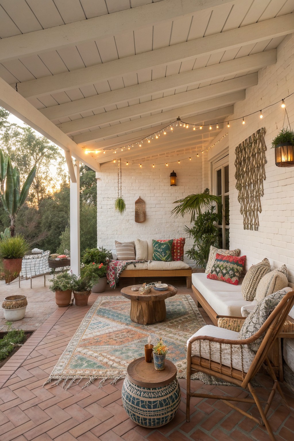 A covered brick patio with white brick walls, wooden bench and chair seating, a large patterned rug, string lights overhead, and multiple potted plants.