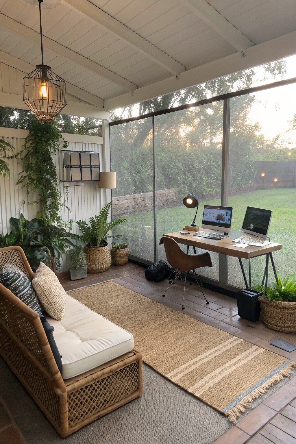 Screened porch workspace with wooden desk, laptop, monitor, wicker sofa, and plants.