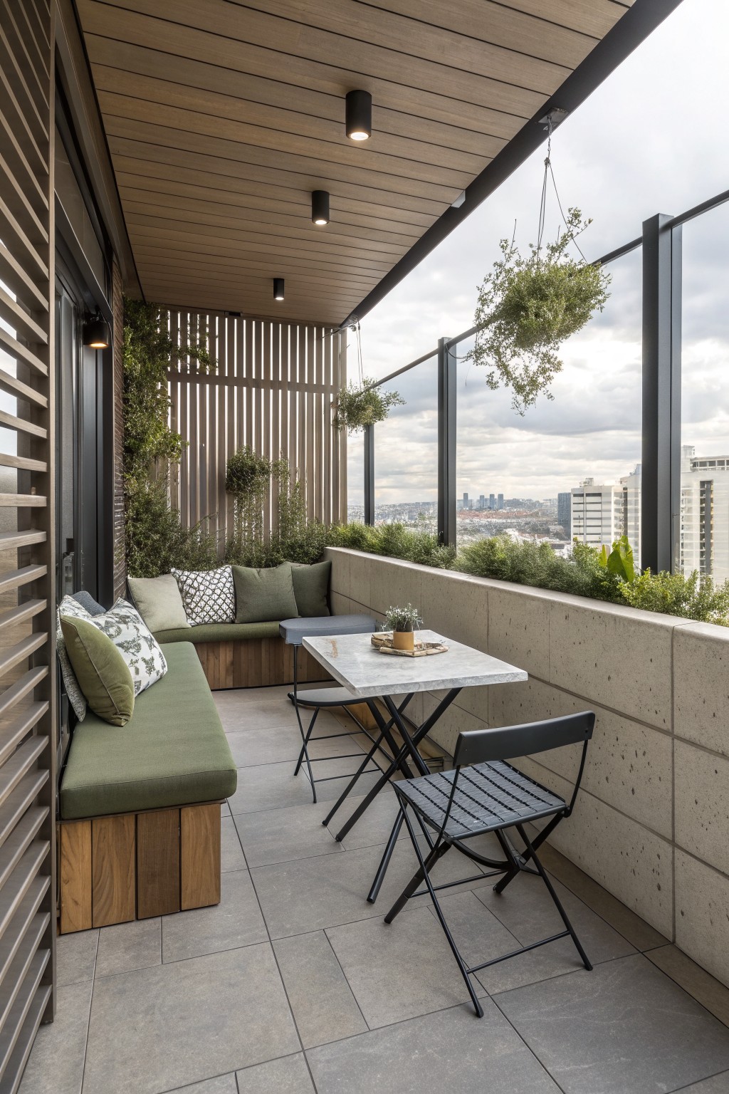 A covered balcony with built-in green cushioned bench seating, a marble table with black folding chairs, overhead lights, and plants overlooking a city view.