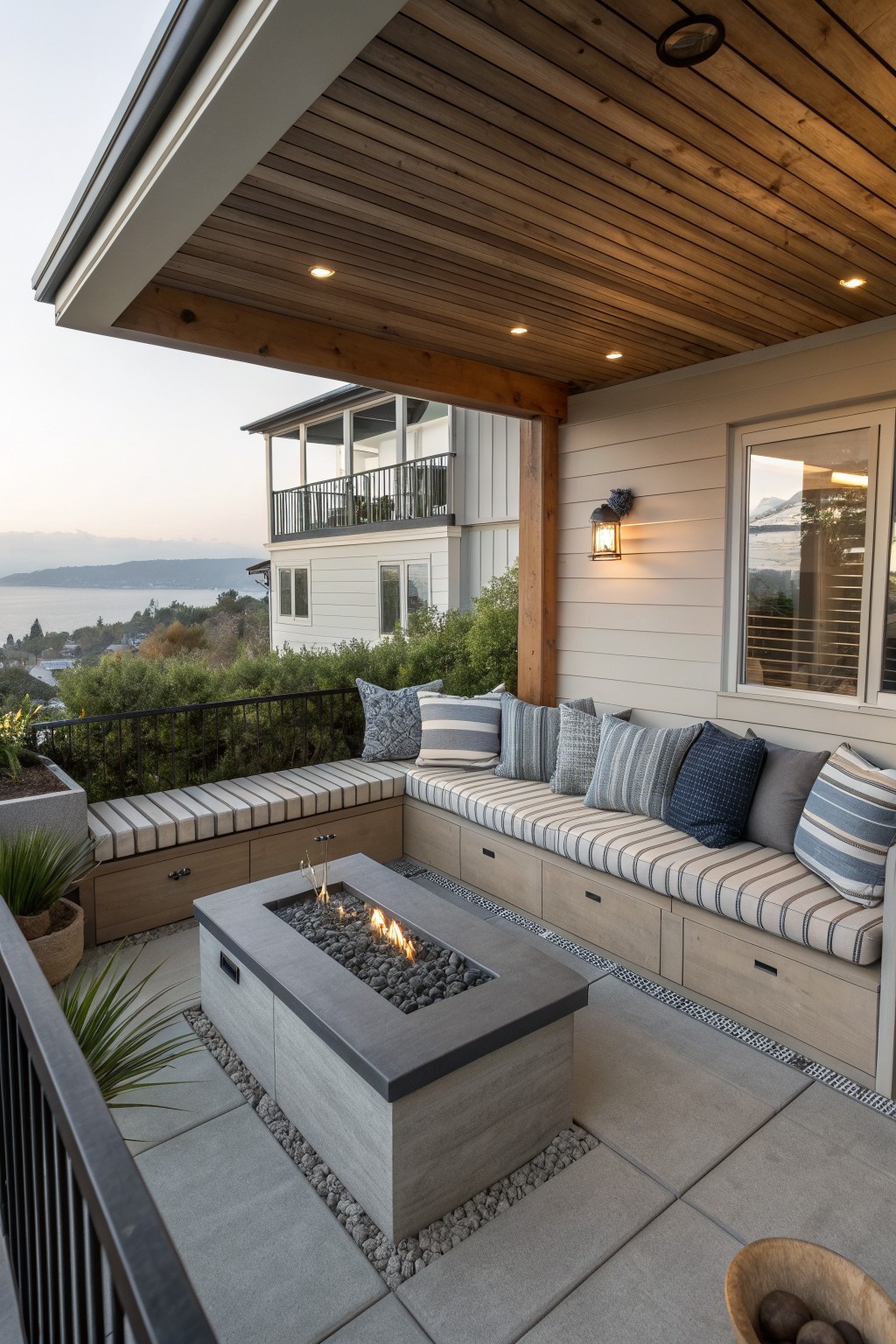 Modern patio with fire pit, striped cushions, and scenic waterfront view at dusk.