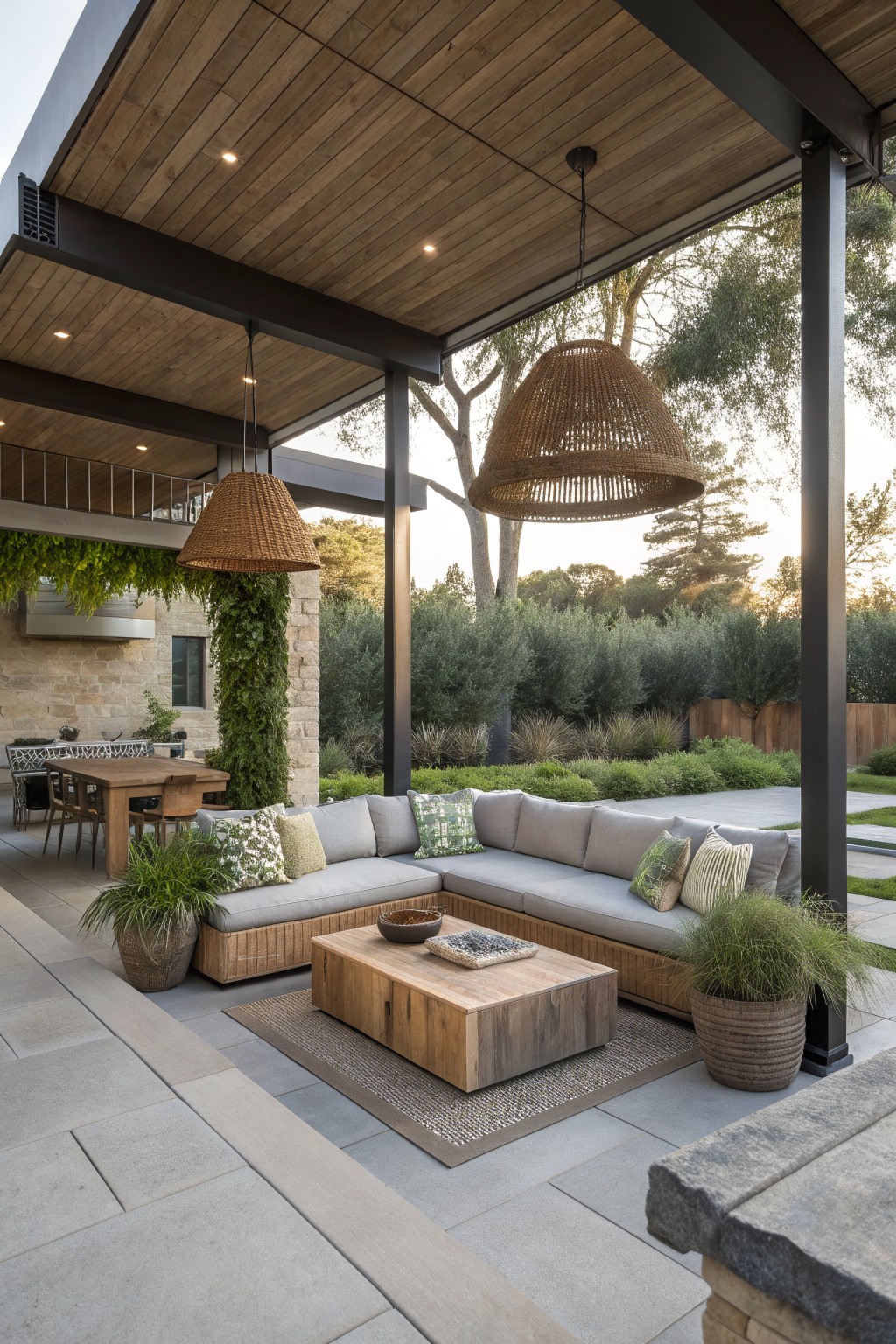A covered patio features a large L-shaped sectional sofa with gray cushions on a wooden base, a rectangular coffee table on a rug, and two woven pendant lights.