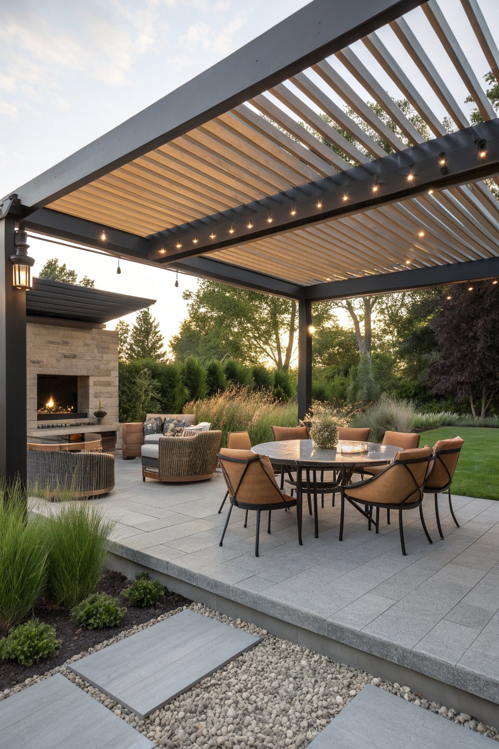 A covered patio with a round dining table, orange upholstered chairs, a separate lounge area with woven seating, a stone fireplace, and string lights on the pergola overhead.