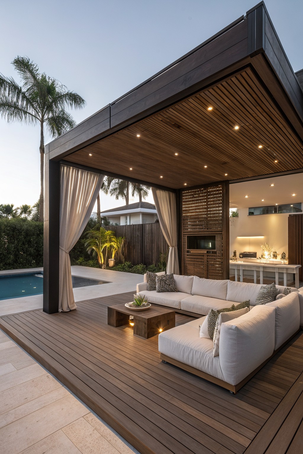 Modern outdoor patio with white sectional sofa on wooden deck beside pool at dusk.