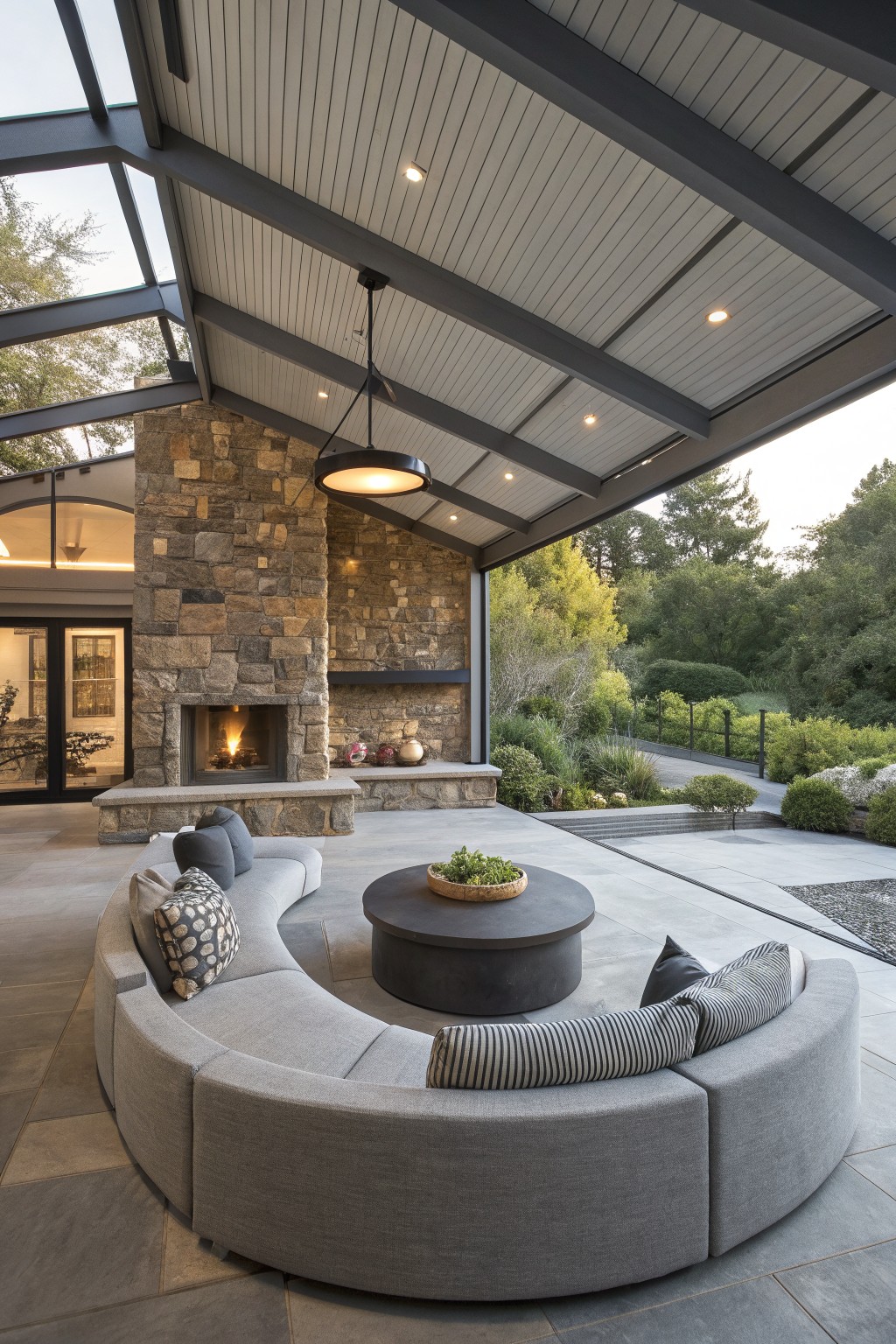 A large curved gray sectional sofa arranged around a round table sits in front of a stone fireplace on a covered patio.