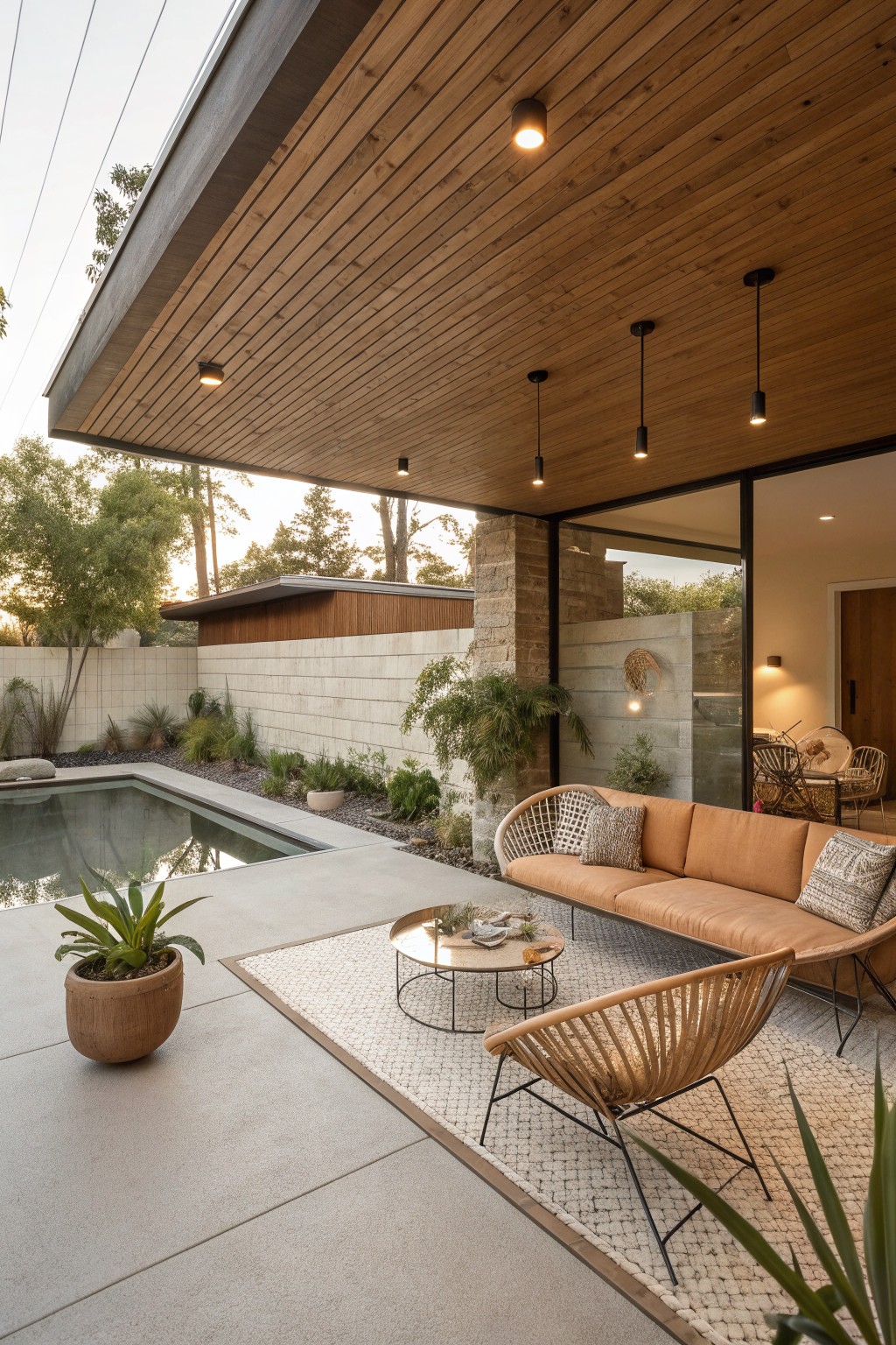 Modern patio with orange sofa, woven chairs, round table, and poolside rug.