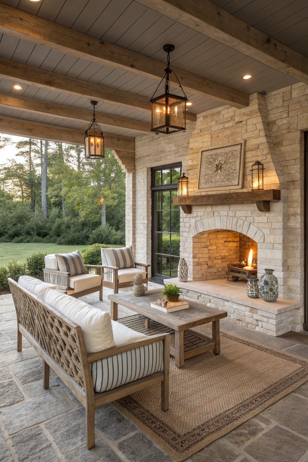 A covered stone patio with a large woven rug under wooden seating, a coffee table, and a lit fireplace on the right side.
