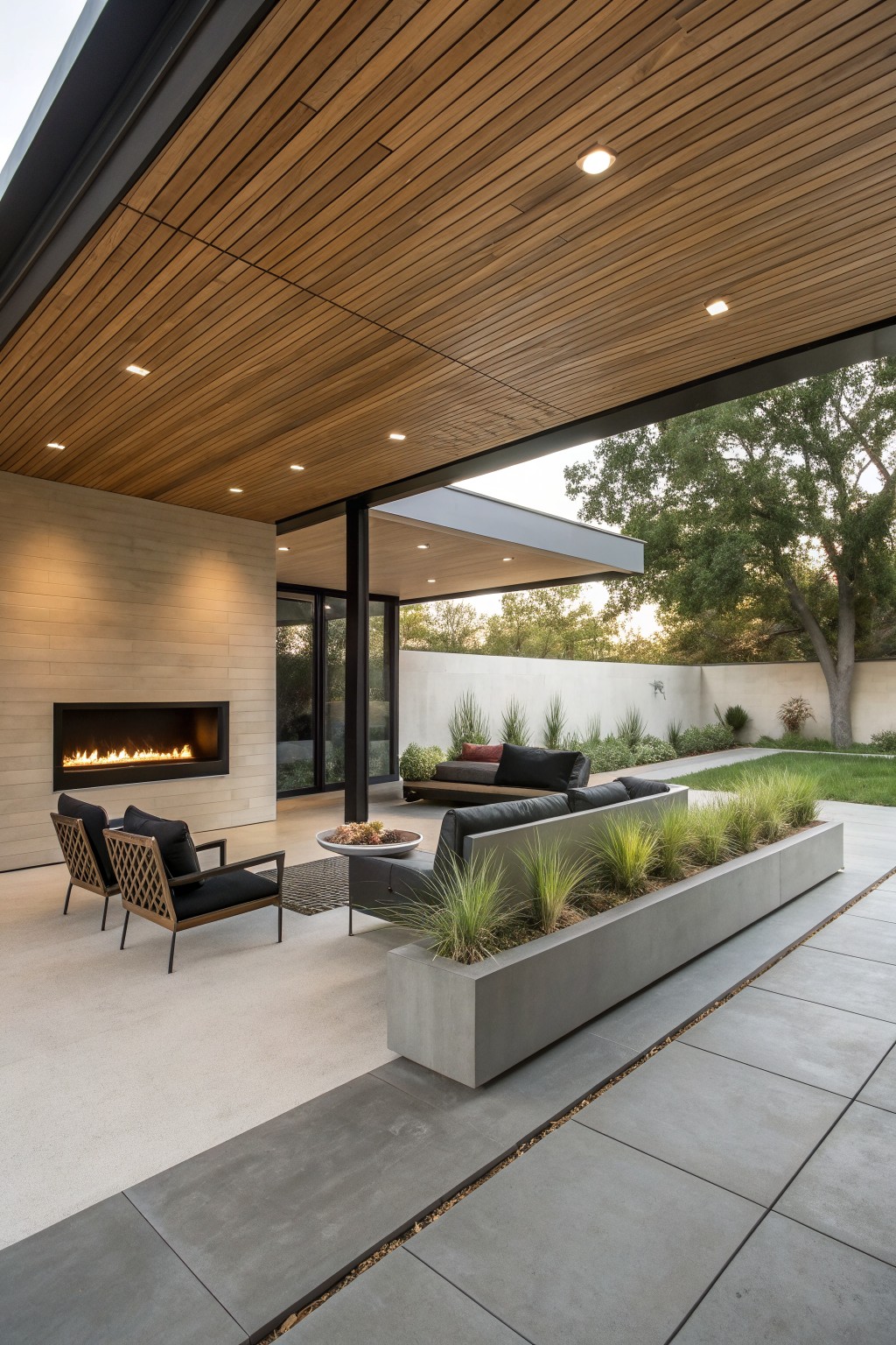 A covered outdoor patio with dark sectional seating, a long gray concrete planter filled with tall grasses, two woven lounge chairs, and a linear fireplace on a light stone wall.