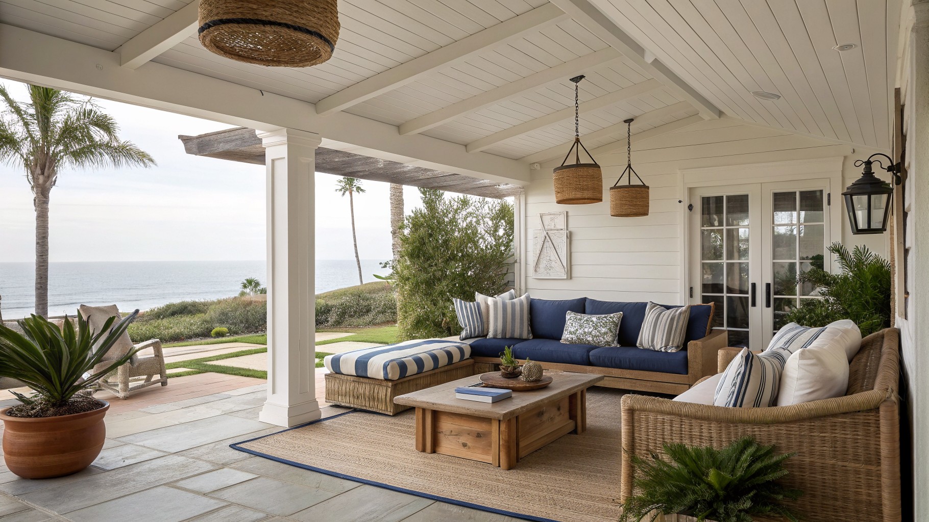 A covered patio shows a long wooden sofa with blue striped cushions and pillows, a wooden coffee table on a rug, and woven pendant lights hanging from exposed beams.