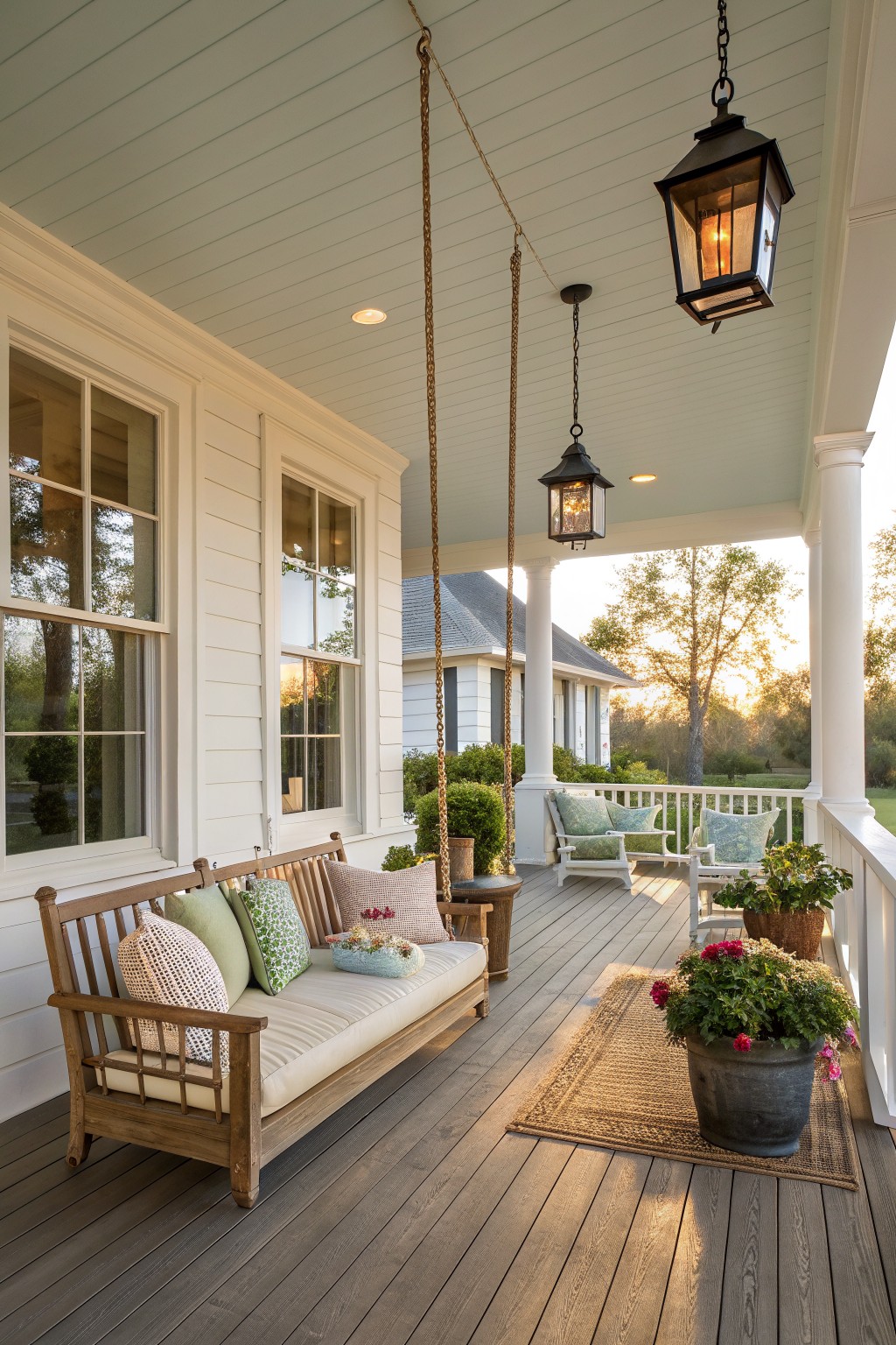 A wooden porch swing with cushions hangs from chains on a covered wooden deck next to potted flowers and lanterns.