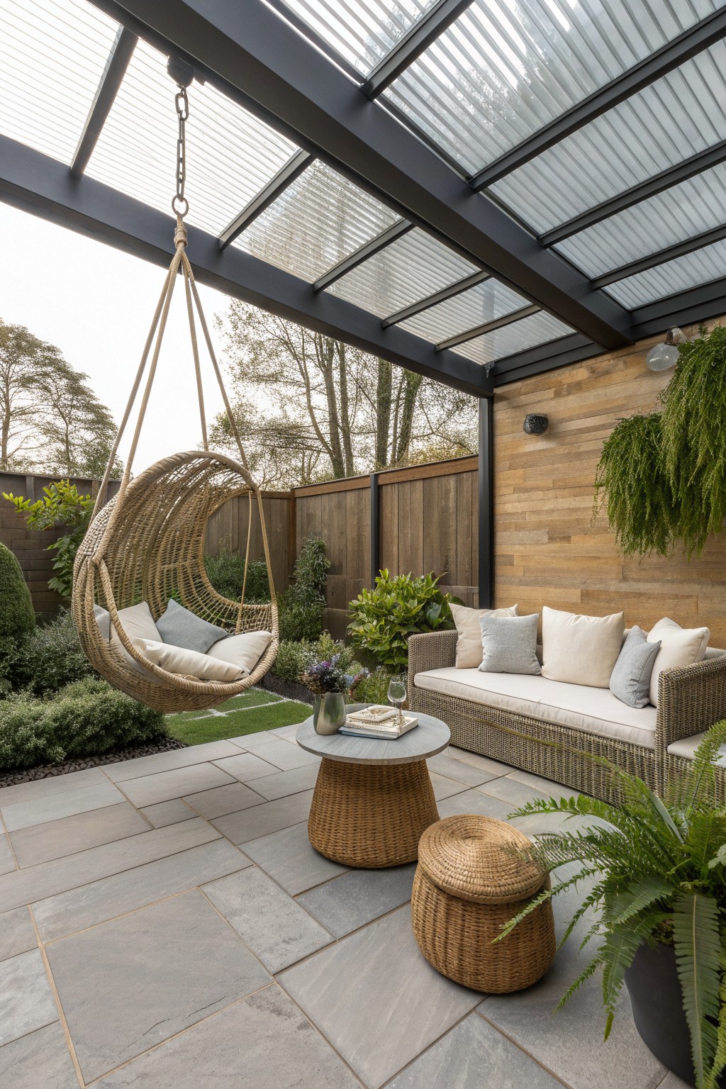 A covered patio with a hanging woven chair, cushioned rattan sofa, round table, and potted plants on stone tiles under a glass roof.
