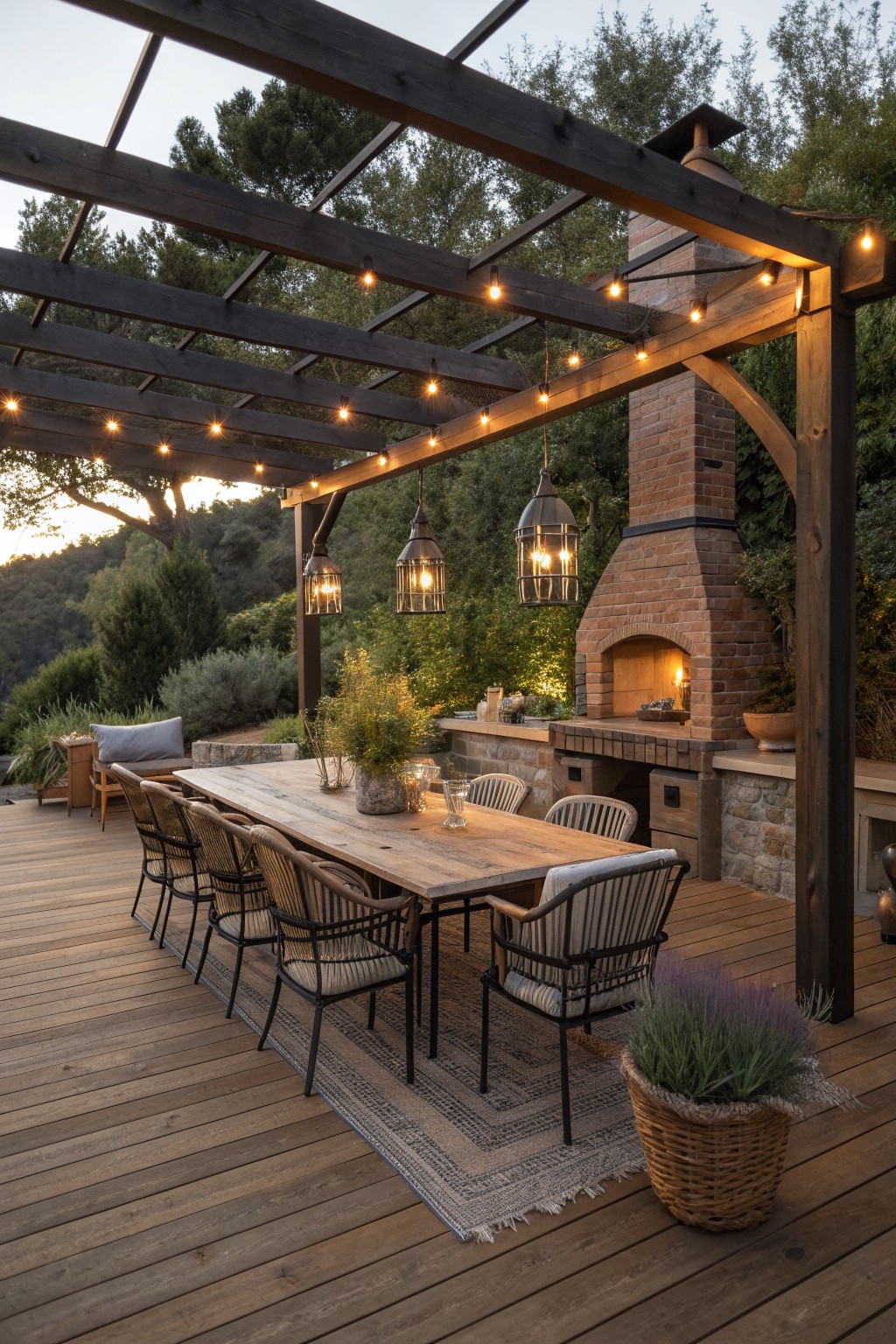 A long wooden dining table with chairs sits on a deck under a dark wood pergola with string lights, next to a large brick outdoor fireplace.