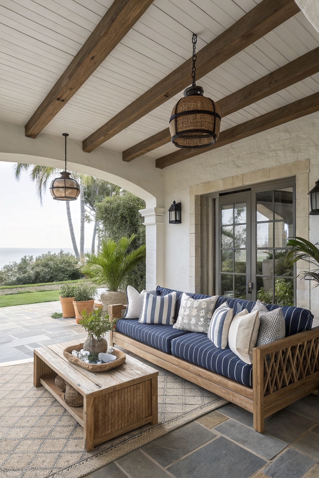 A covered patio shows a long wooden sofa with blue striped cushions and pillows, a wooden coffee table on a rug, and woven pendant lights hanging from exposed beams.