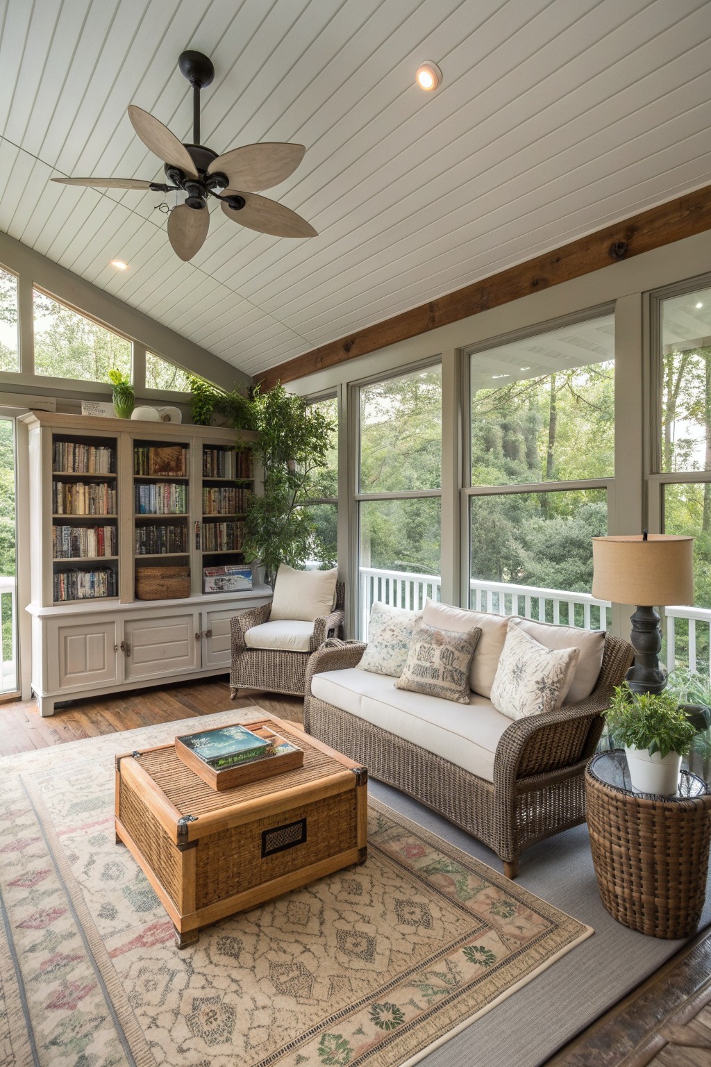 A covered porch with a wicker sofa and armchair, wooden trunk coffee table on a patterned rug, built-in bookshelves, ceiling fan, and large windows overlooking trees.