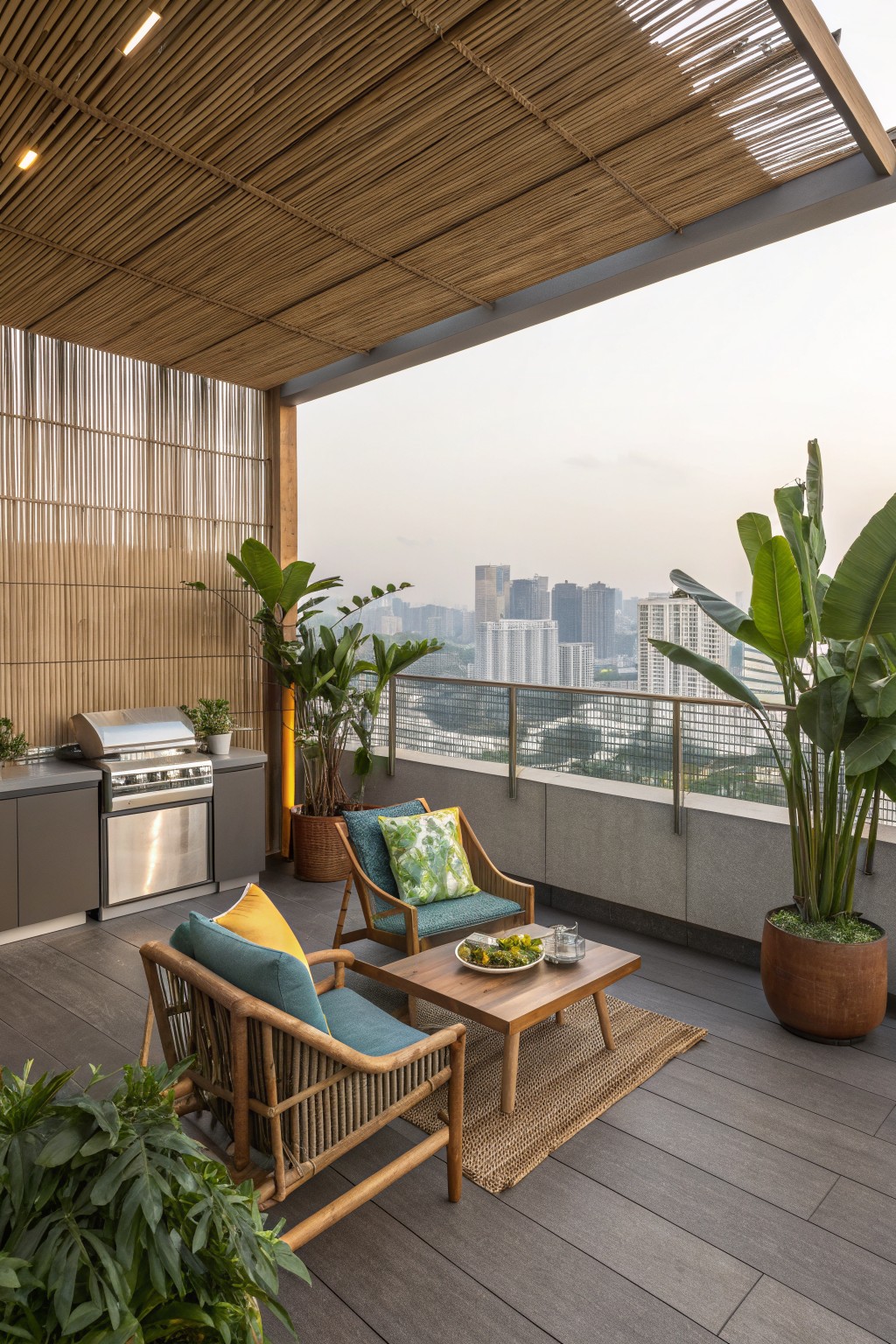 An outdoor balcony with a vertical bamboo screen on the left wall, wooden lounge chairs on a rug, a coffee table, an outdoor grill station, and large potted plants overlooking a city skyline.