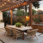 A wooden patio dining area with a table, woven chairs, and a tall lattice fence panel on the right side next to plants and a bench.