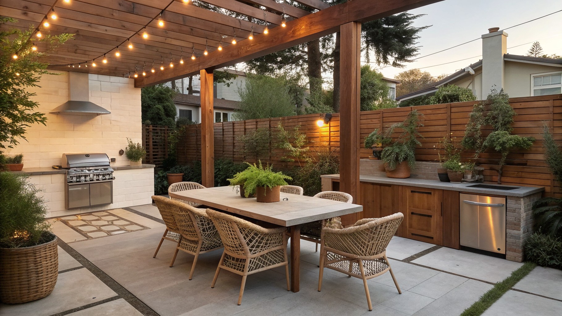 A wooden patio dining area with a table, woven chairs, and a tall lattice fence panel on the right side next to plants and a bench.
