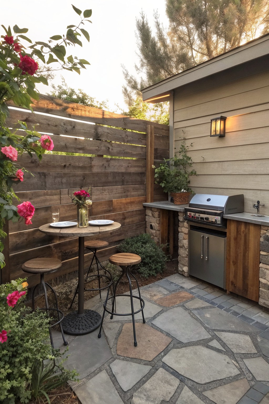 An outdoor patio with a round table and stools next to a horizontal wooden slat fence that has gaps for partial screening.